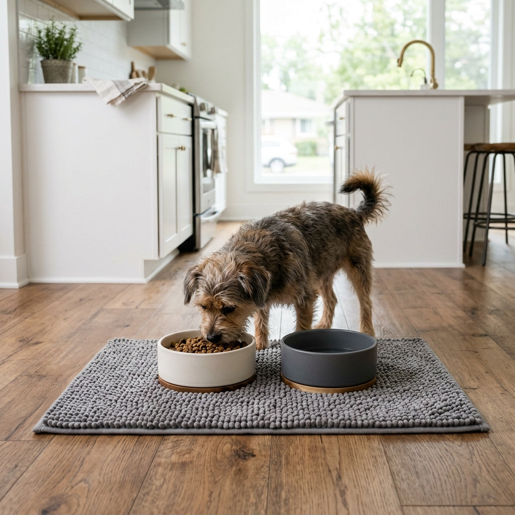 BuddyMatt under dog food bowls in kitchen